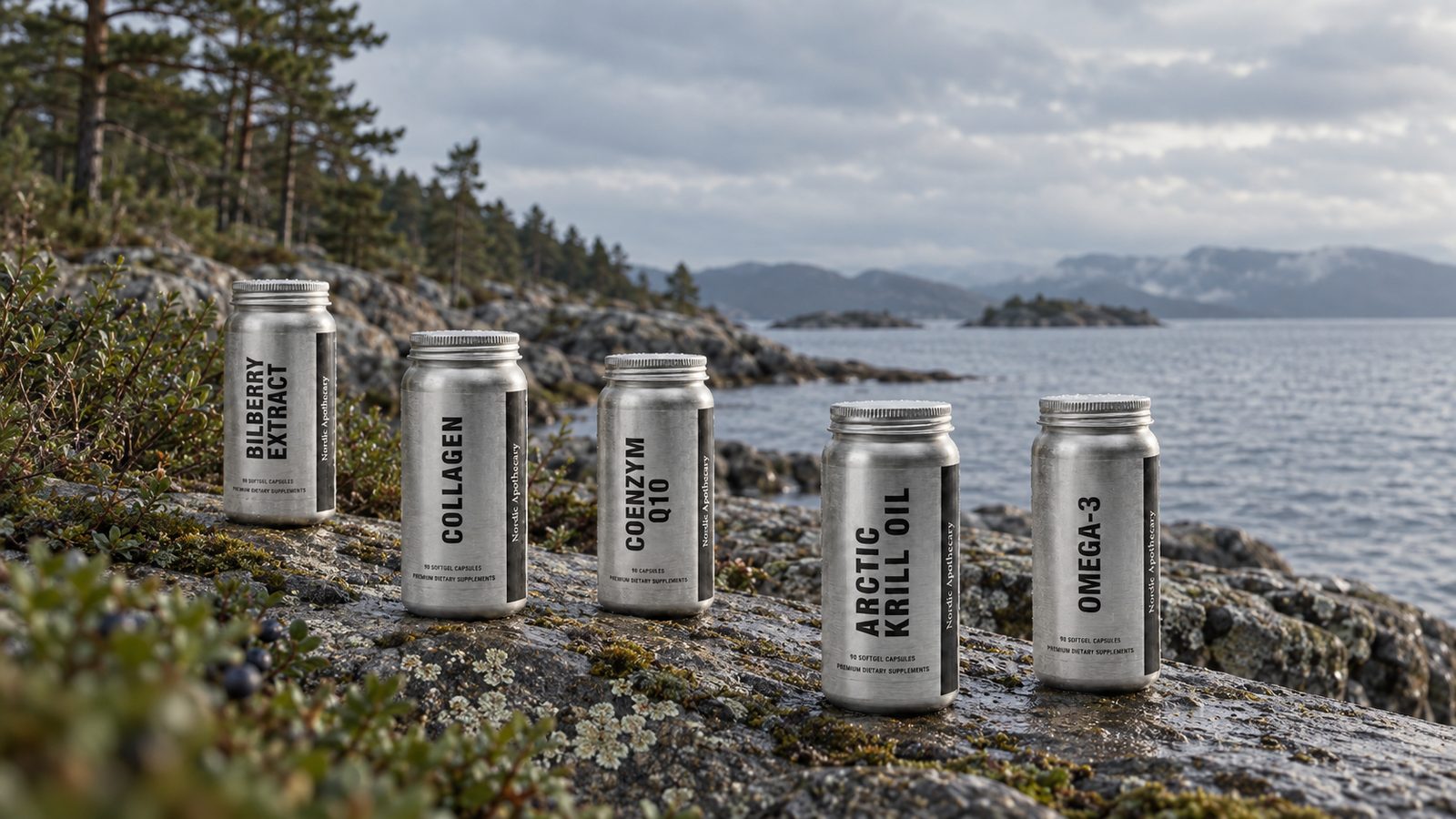 Nordic Apothecary-sortimentet på svaberg ved norskekysten
