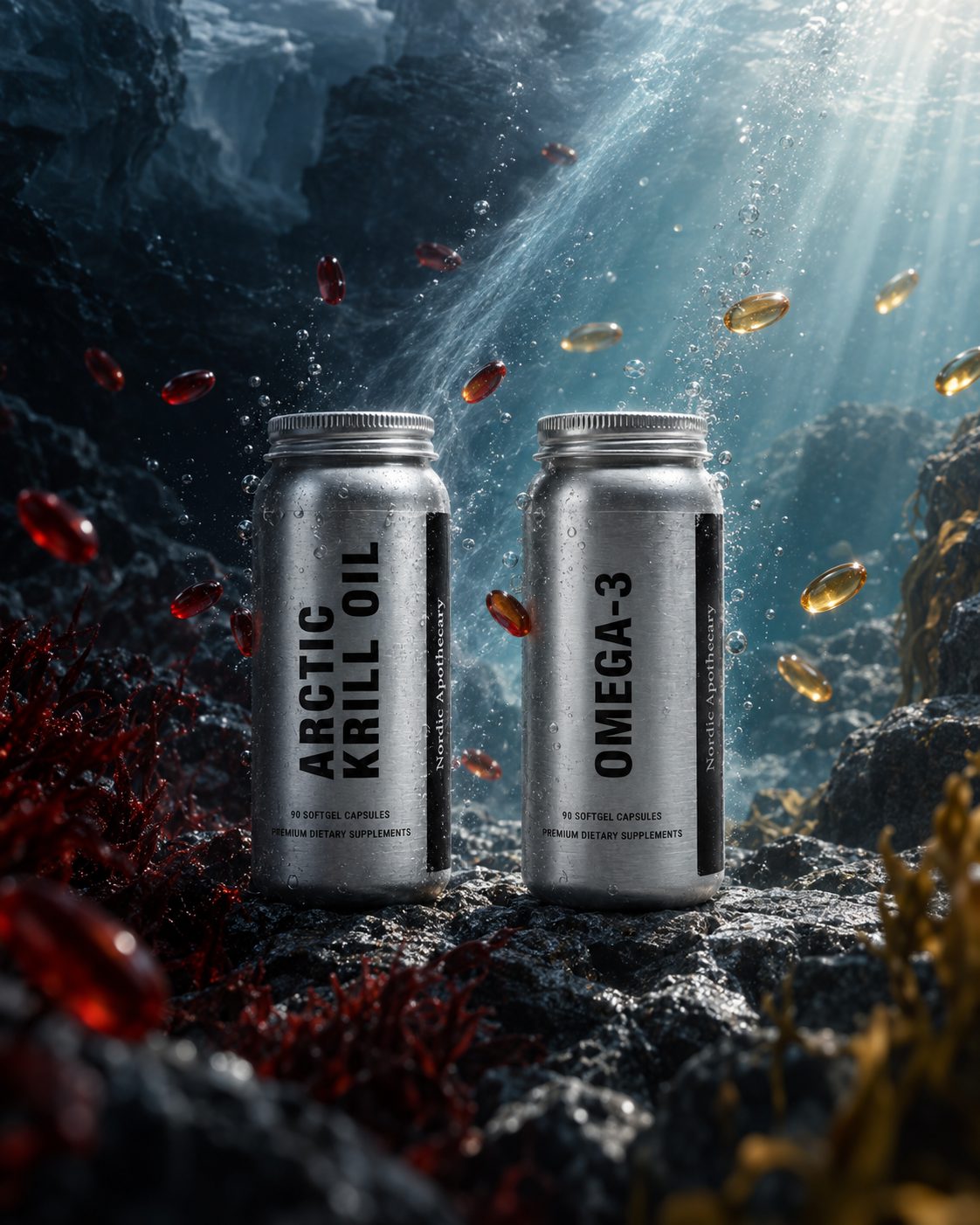 Flasker med krillolje og Omega-3 fra Nordic Apothecary på en undervannsstein blant myke kapsler