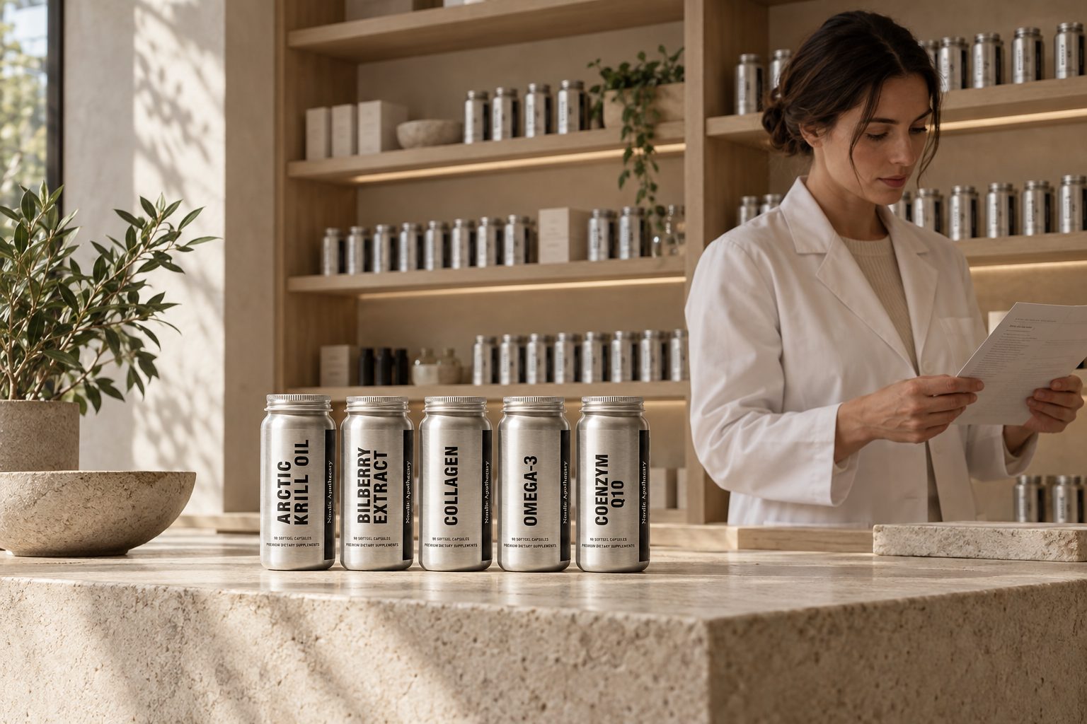 Pharmacist behind a counter with the Nordic Apothecary range