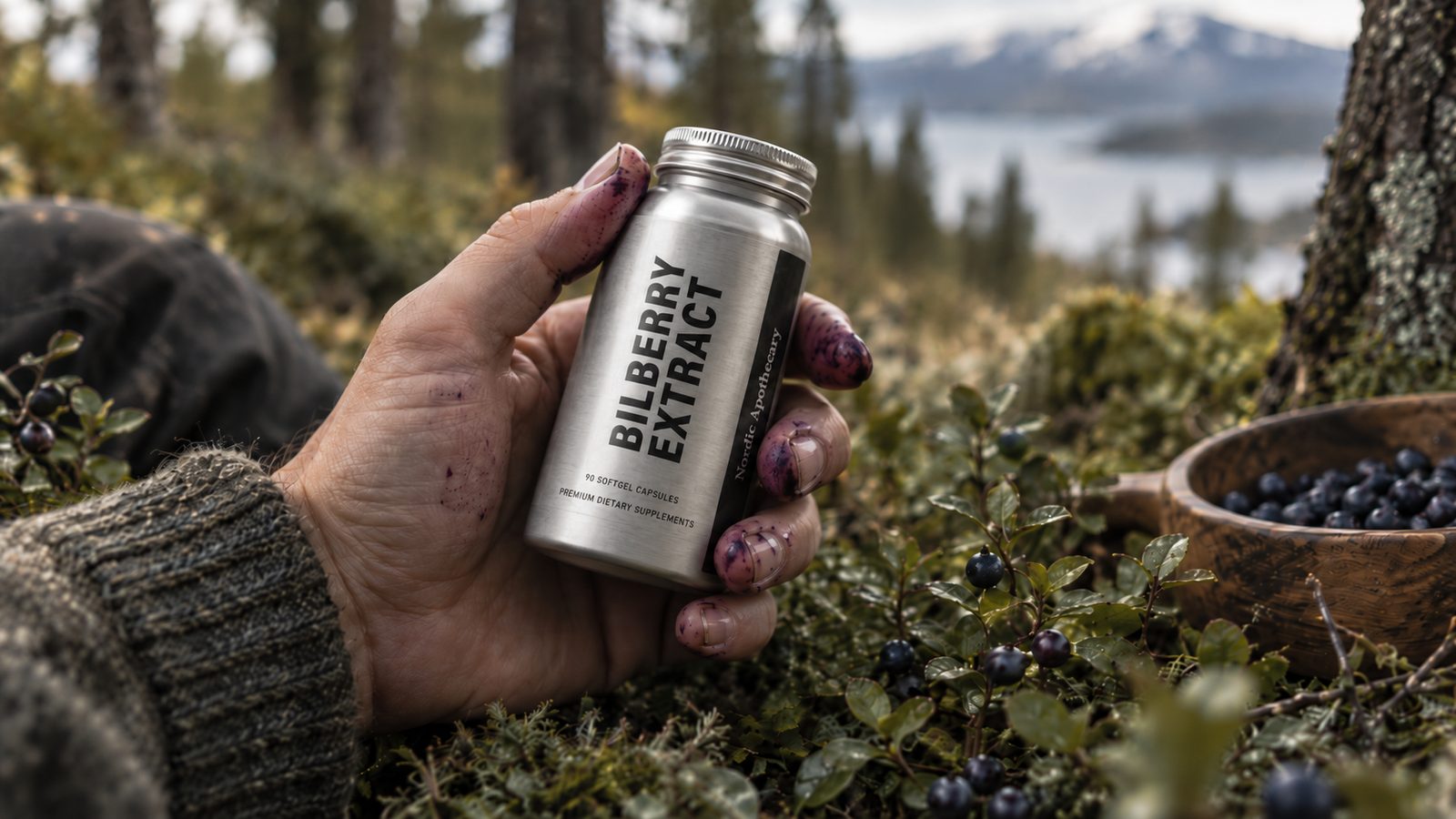 Hand holding a bilberry extract bottle among bilberry bushes