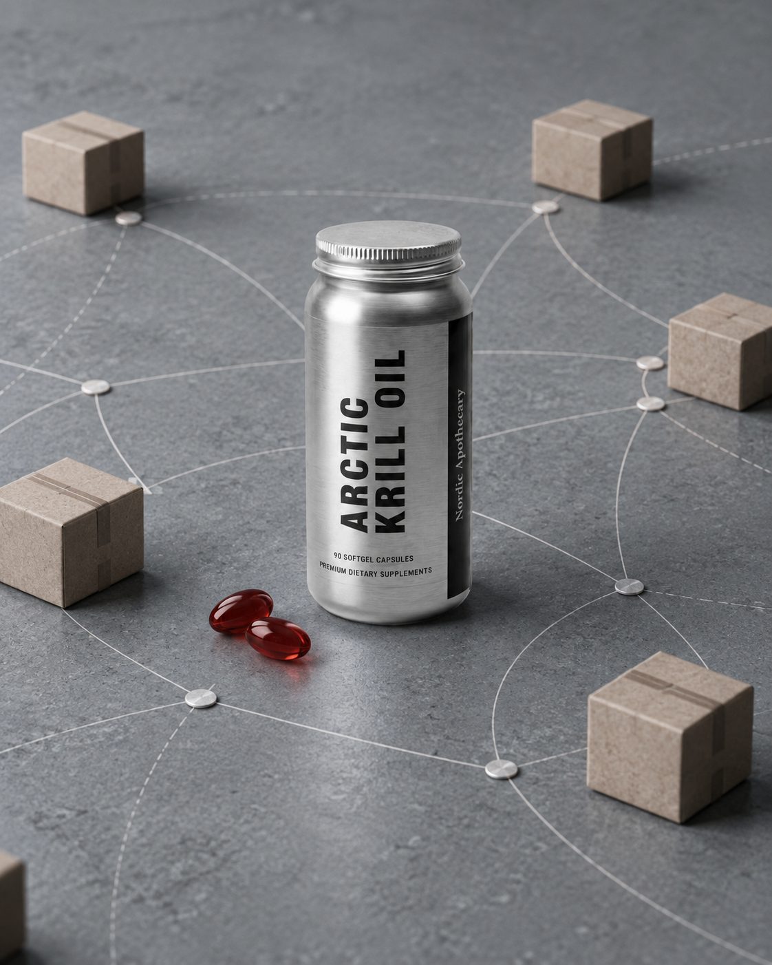Krill oil bottle at the centre of a network of parcels