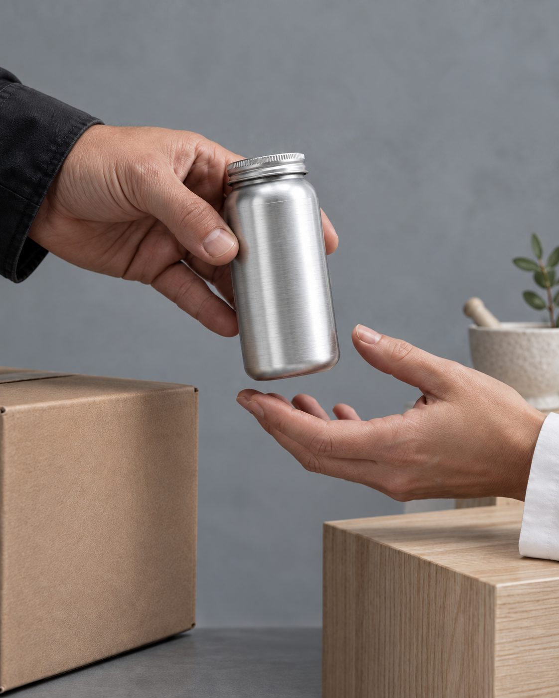 A finished bottle handed over from a shipping box