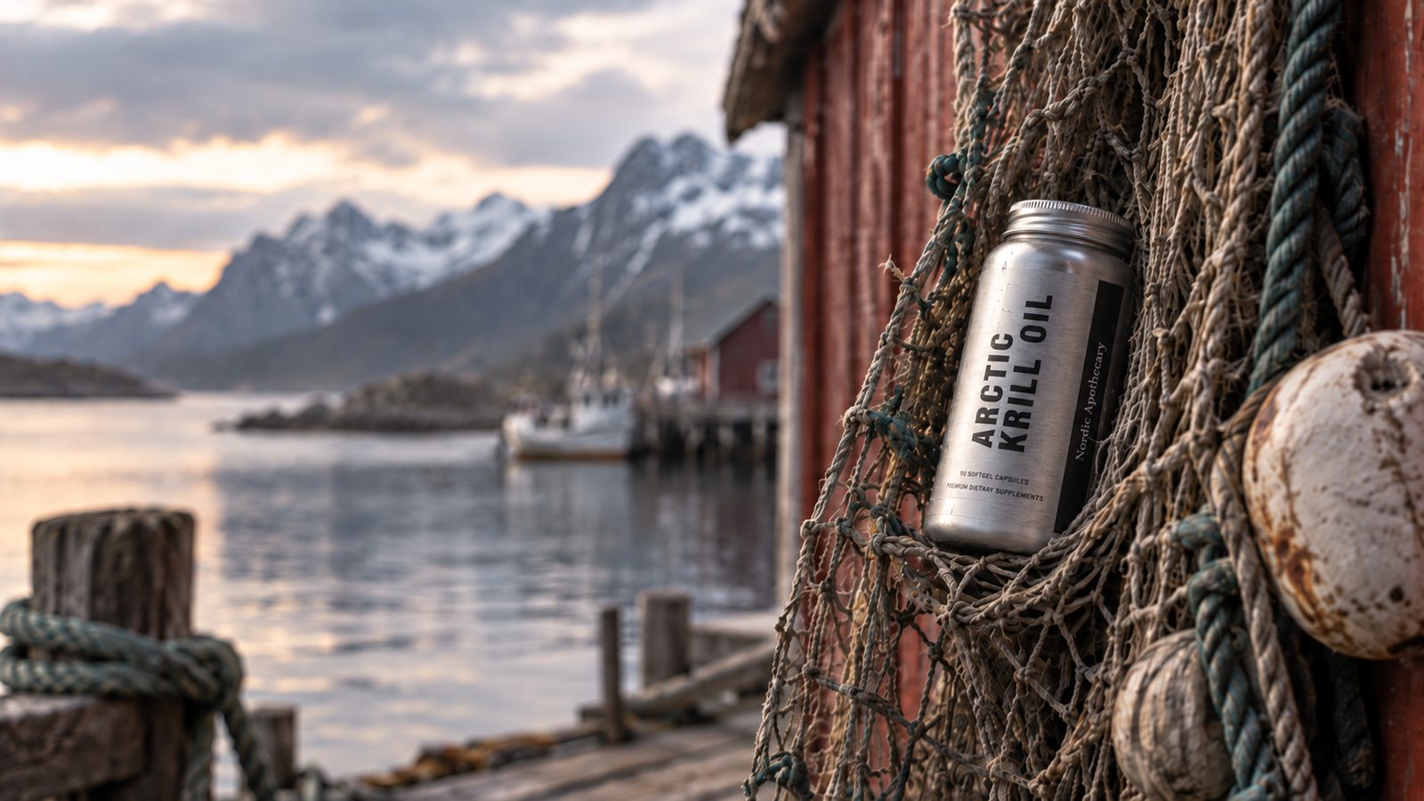 Krill oil bottle among fishing nets at a Norwegian harbour