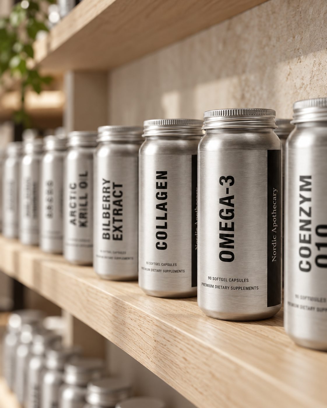 Rad med Nordic Apothecary-flasker på en trehylle, Omega-3 foran