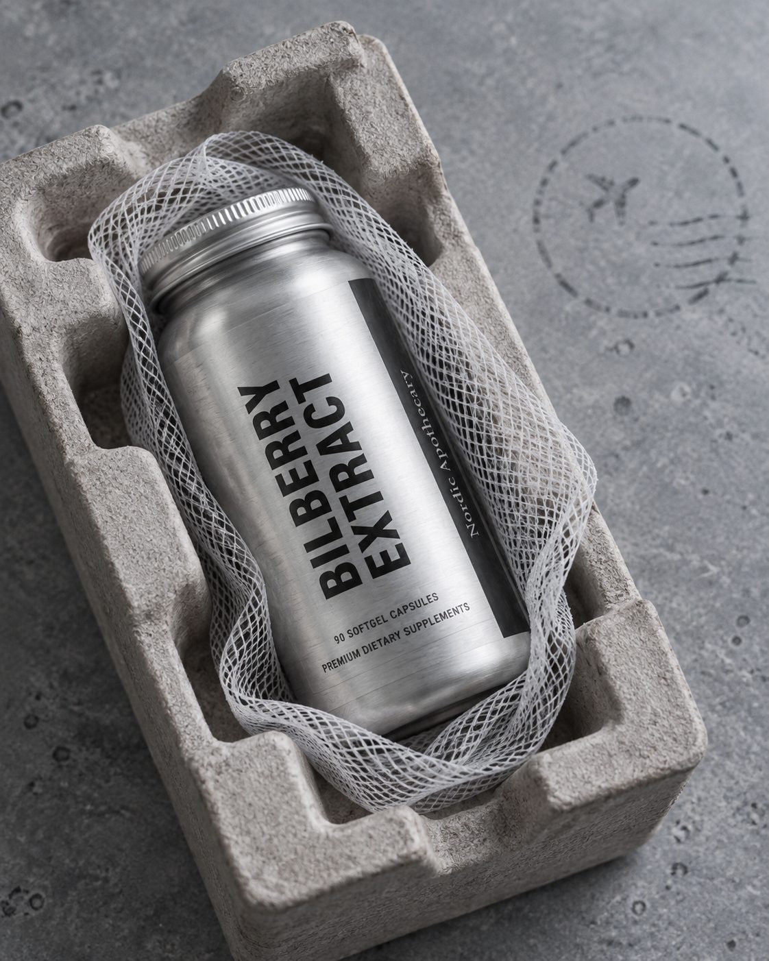 Bilberry extract bottle in a moulded-pulp packaging tray