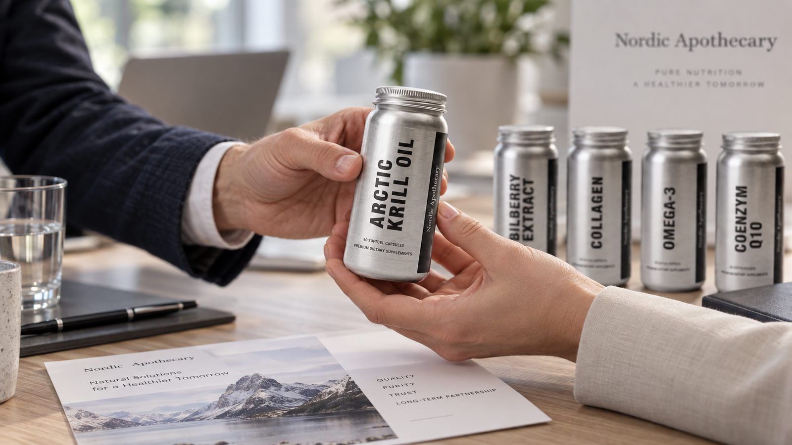 Forretningsmøte der en flaske krillolje rekkes over bordet